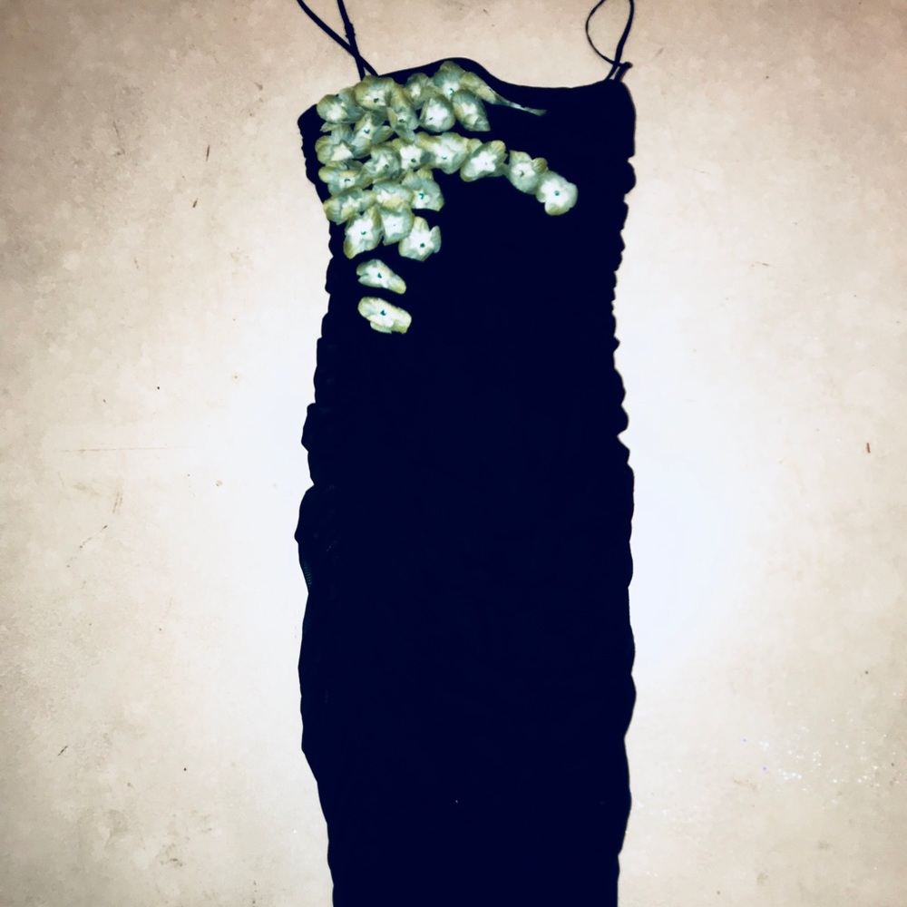 Betsey Johnson black dress w/ 3D green flowers